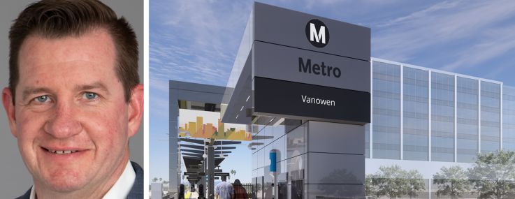 Skanska USA's James Bailey and a rendering of the East San Fernando Valley Light Rail Transit project in Light Rail Transit Project in Van Nuys, Calif.