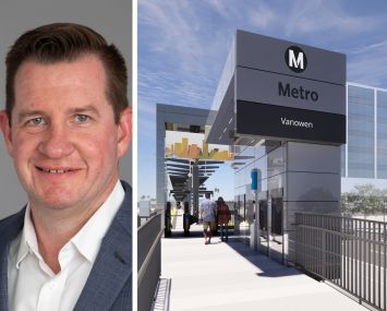 Skanska USA's James Bailey and a rendering of the East San Fernando Valley Light Rail Transit project in Light Rail Transit Project in Van Nuys, Calif.