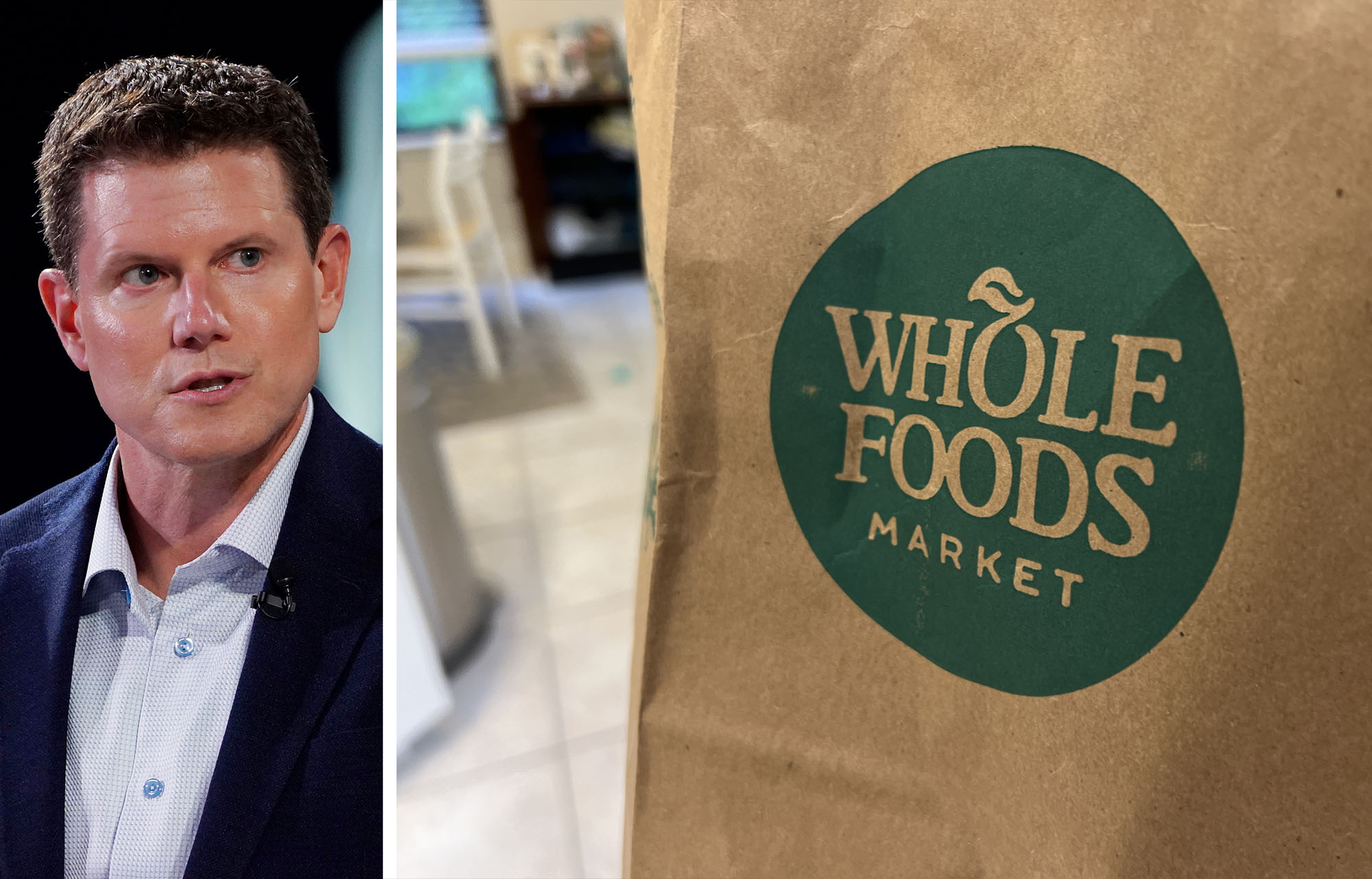 Whole Foods Market CEO Jason Buechel and a Whole Foods logo on a paper bag.