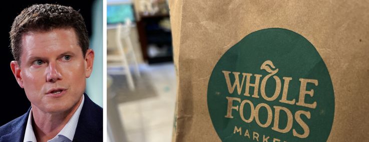 Whole Foods Market CEO Jason Buechel and a Whole Foods logo on a paper bag.