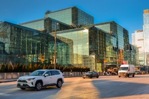 Javits Center Expansion, Tech Upgrades Boosting NYC Hospitality Industry Traffic passes in front of the Jacob Javits Center in February 2026.