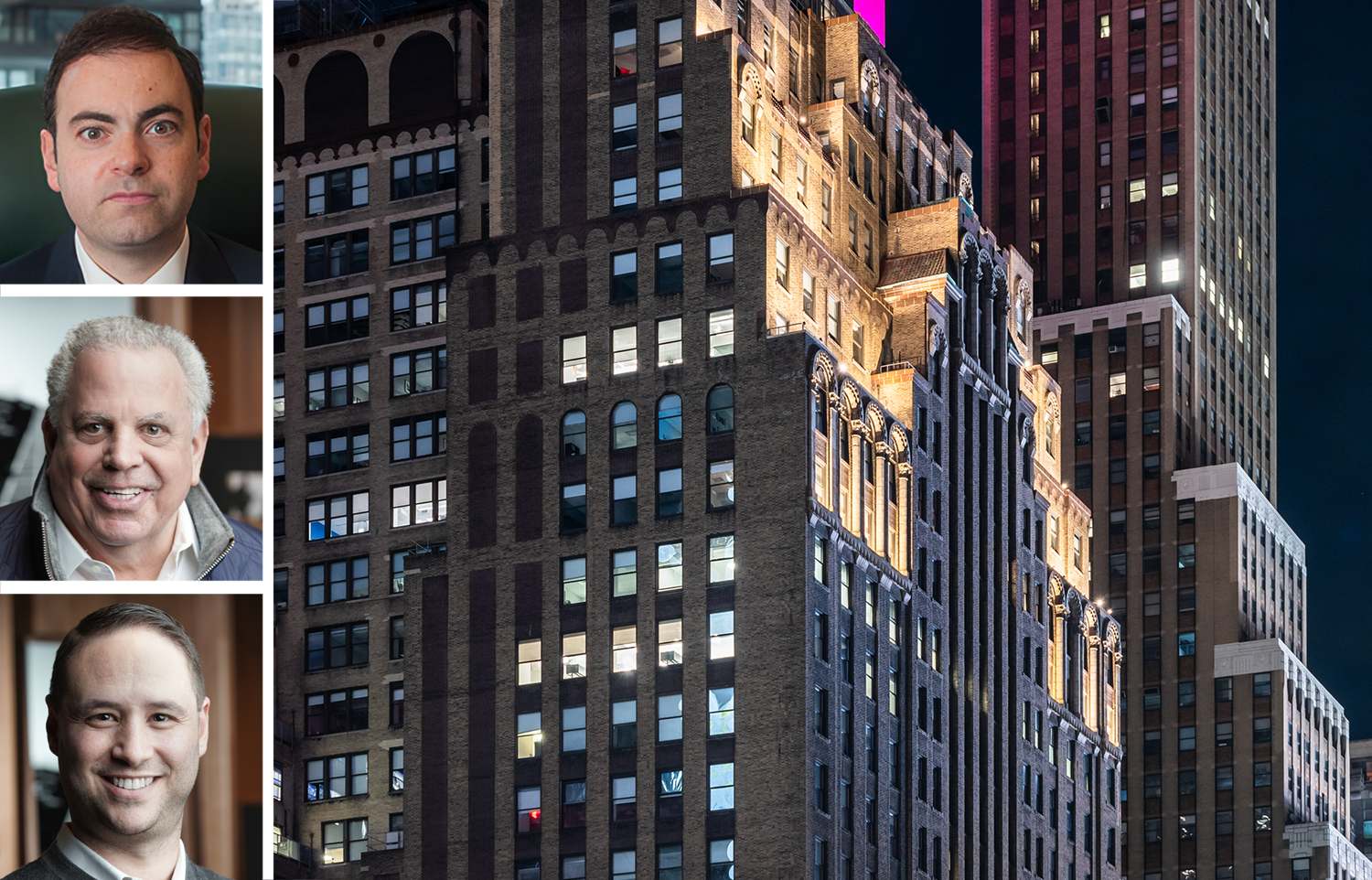 Circle Realty Group's Jay Futersak (top), The Kaufman Organization's Mark Furst (center) and Ben Sadler, and 14 Penn Plaza.
