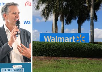 Walmart CEO John Furner and a Walmart sign in Florida.