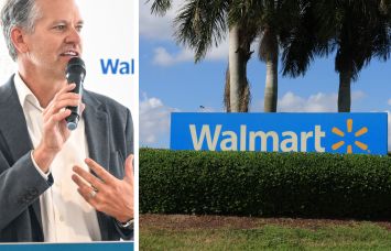 Walmart CEO John Furner and a Walmart sign in Florida.