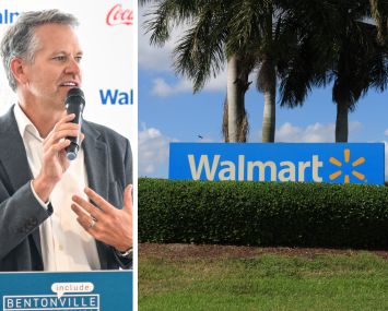 Walmart CEO John Furner and a Walmart sign in Florida.