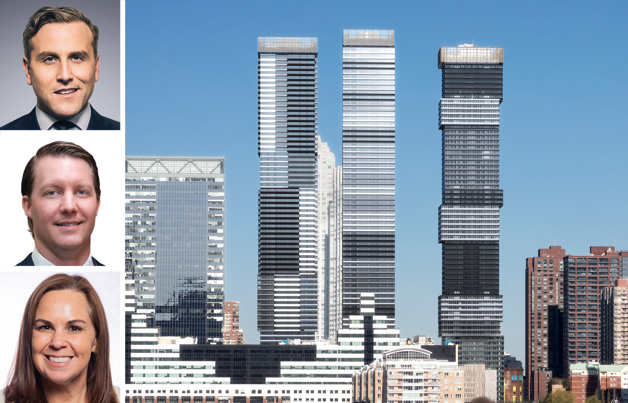 Newmark's Jordan Roeschlaub (top) and Christopher Kramer (center), Truist's Rebecca Cox, and a rendering of Urby 2 (center building) in Jersey City, N.J.