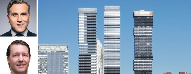 Newmark's Jordan Roeschlaub (top) and Christopher Kramer (center), Truist's Rebecca Cox, and a rendering of Urby 2 (center building) in Jersey City, N.J.