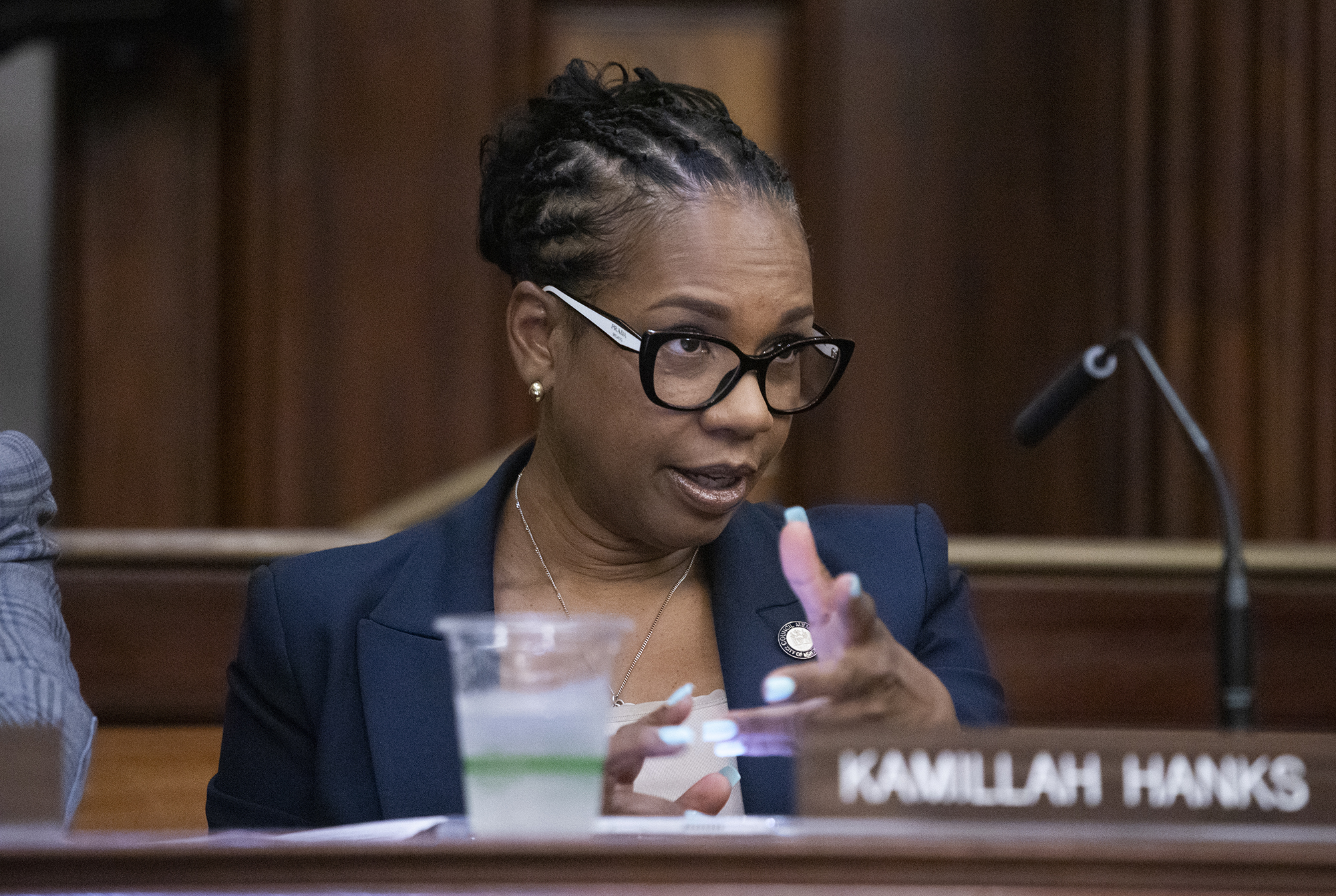 New York City Council Majority Whip Kamillah Hanks speaks at council hearing on the pied-à-terre tax.