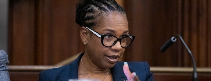 New York City Council Majority Whip Kamillah Hanks speaks at council hearing on the pied-à-terre tax.
