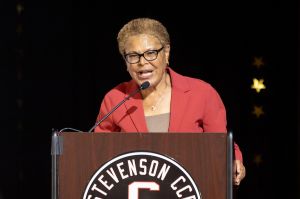 Los Angeles Mayor Karen Bass delivers a speech at Stevenson Middle School where a meeting is held about the status of recovery efforts from the fire at Lineage's cold-storage warehouse.
