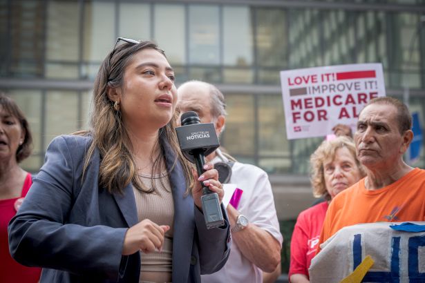 State Senator Kristen Gonzalez speaks at a rally to celebrate the 61st anniversary of Medicare and Medicaid.