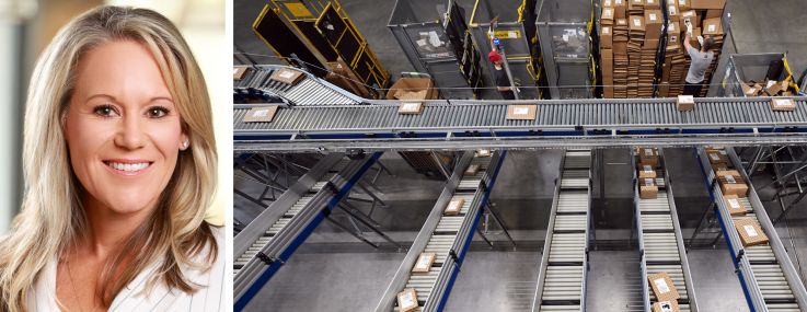 Rexford Industrial's Laura Clark and employees inside a warehouse.