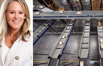 Rexford Industrial's Laura Clark and employees inside a warehouse.
