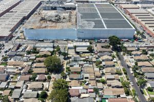 An aerial view of the neighborhood surrounding the Lineage Logistics Cold Storage in Boyle Heights, Calif.