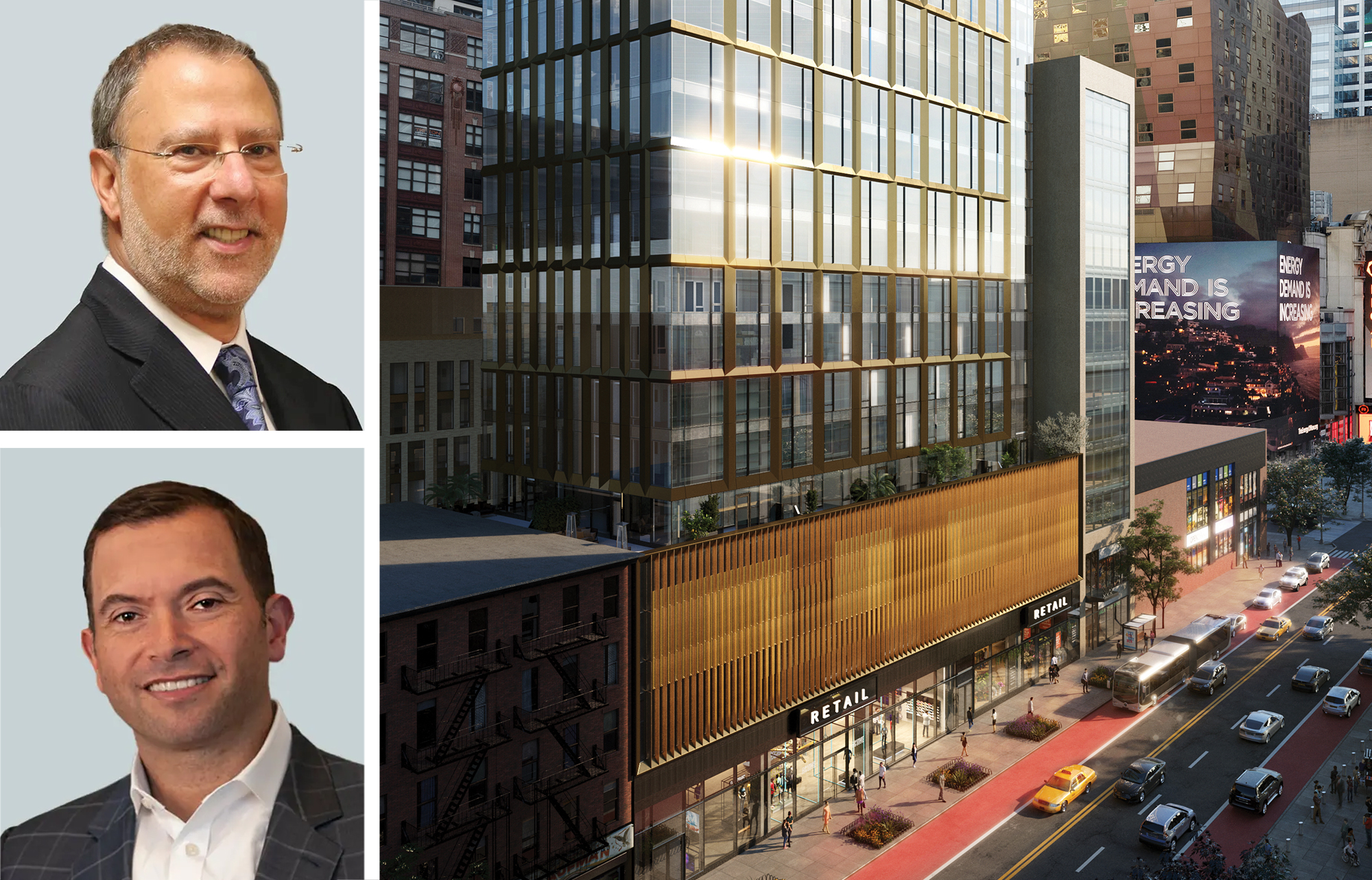 CBRE's Lon Rubackin (top) and MIchael Kadosh, and a rendering of The Ellery at 312 West 43rd Street.