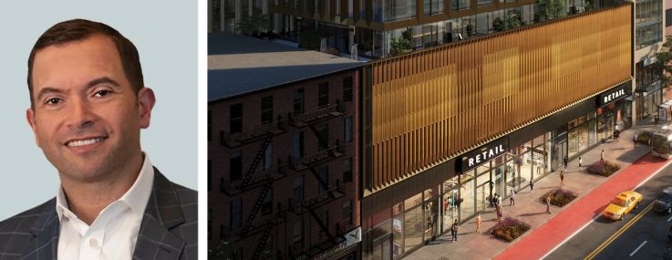 CBRE's Lon Rubackin (top) and MIchael Kadosh, and a rendering of The Ellery at 312 West 43rd Street.
