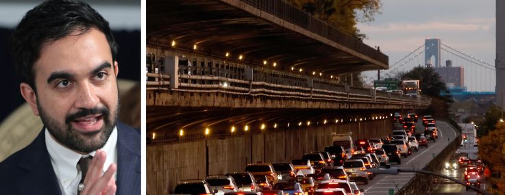 Mayor Zohran Mamdani and traffic on the Brooklyn-Queens Expressway underneath the Brooklyn Promenade in Brooklyn.