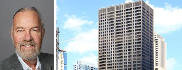 Real Capital Solutions' Marcel Arsenualt (left) and Adam Abeln, and 401 North Michigan Avenue, Chicago.