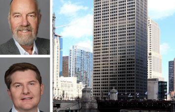 Real Capital Solutions' Marcel Arsenualt (left) and Adam Abeln, and 401 North Michigan Avenue, Chicago.