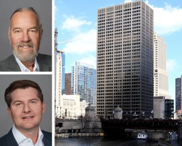 Real Capital Solutions' Marcel Arsenualt (left) and Adam Abeln, and 401 North Michigan Avenue, Chicago.