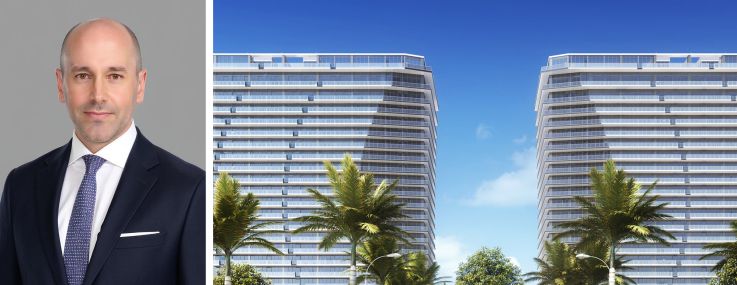 Mark Green, chief investment officer of Cottonwood Group, and a rendering of Oasis, planned for Hallandale Beach, Fla.