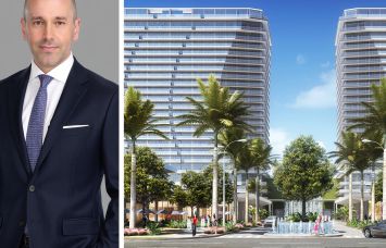 Mark Green, chief investment officer of Cottonwood Group, and a rendering of Oasis, planned for Hallandale Beach, Fla.