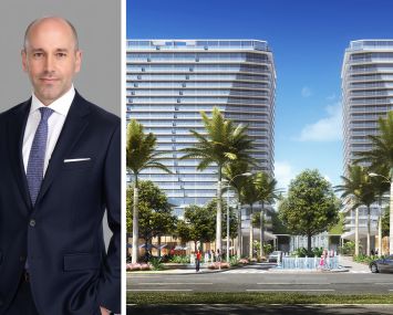 Mark Green, chief investment officer of Cottonwood Group, and a rendering of Oasis, planned for Hallandale Beach, Fla.