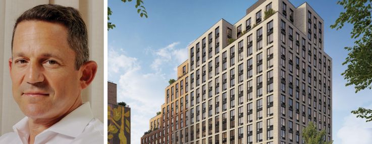 Domain Companies' Matt Schwartz and a rendering of Elara residential project in Queens.