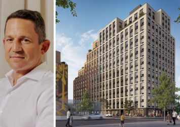 Domain Companies' Matt Schwartz and a rendering of Elara residential project in Queens.