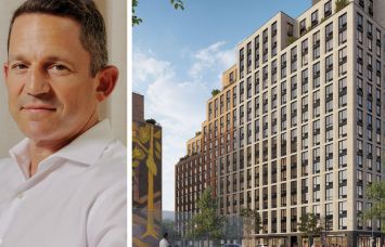 Domain Companies' Matt Schwartz and a rendering of Elara residential project in Queens.
