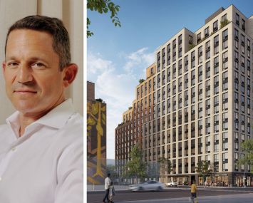 Domain Companies' Matt Schwartz and a rendering of Elara residential project in Queens.