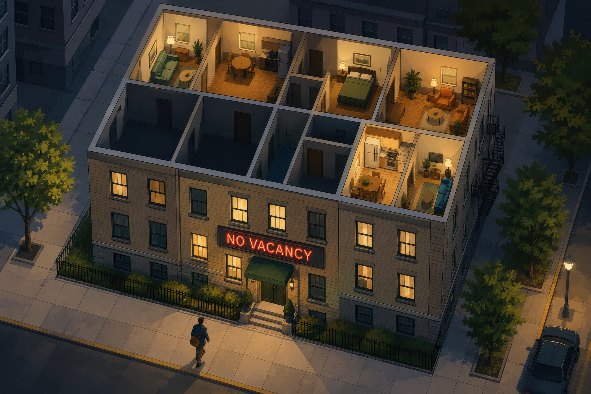 An illustration of an apartment building with a No Vacancy sign on it.