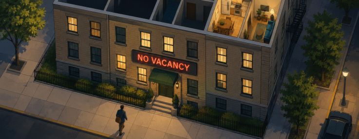 An illustration of an apartment building with a No Vacancy sign on it.