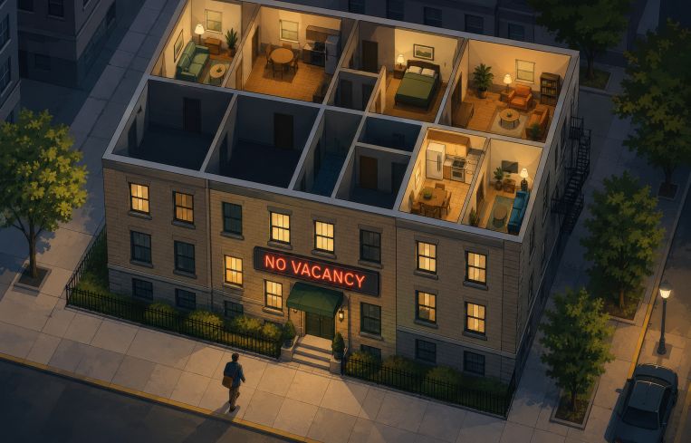 An illustration of an apartment building with a No Vacancy sign on it.