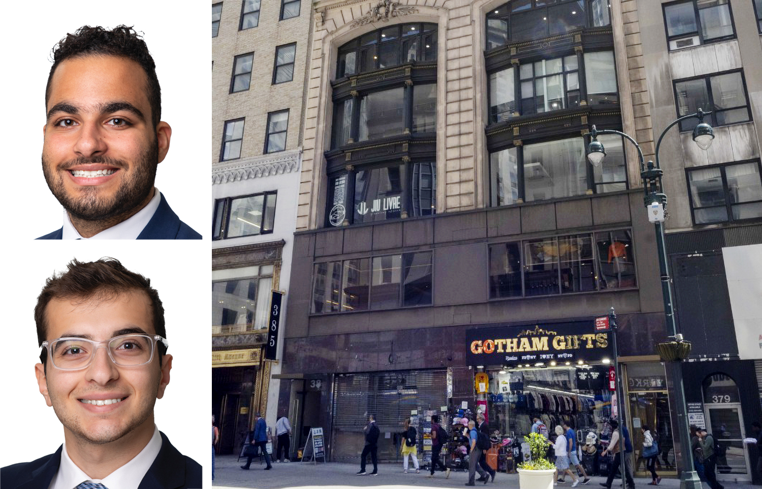 Meridian Capital Group's Noam Aziz (top) and Carson Shahrabani, and 383 Fifth Avenue.