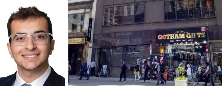 Meridian Capital Group's Noam Aziz (top) and Carson Shahrabani, and 383 Fifth Avenue.