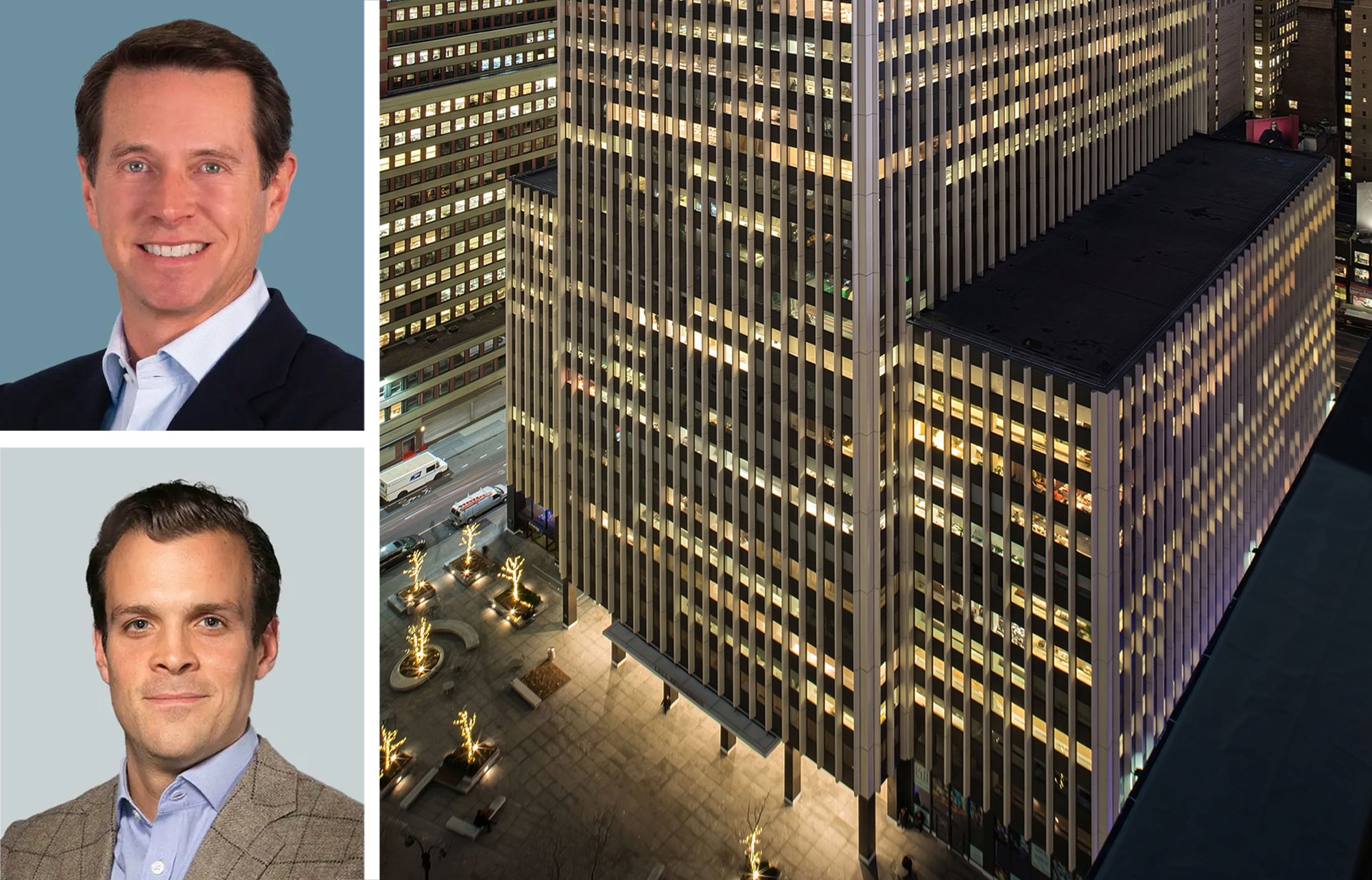 CBRE's Paul Amrich (top) and Neil King, and 1411 Broadway.