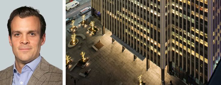 CBRE's Paul Amrich (top) and Neil King, and 1411 Broadway.