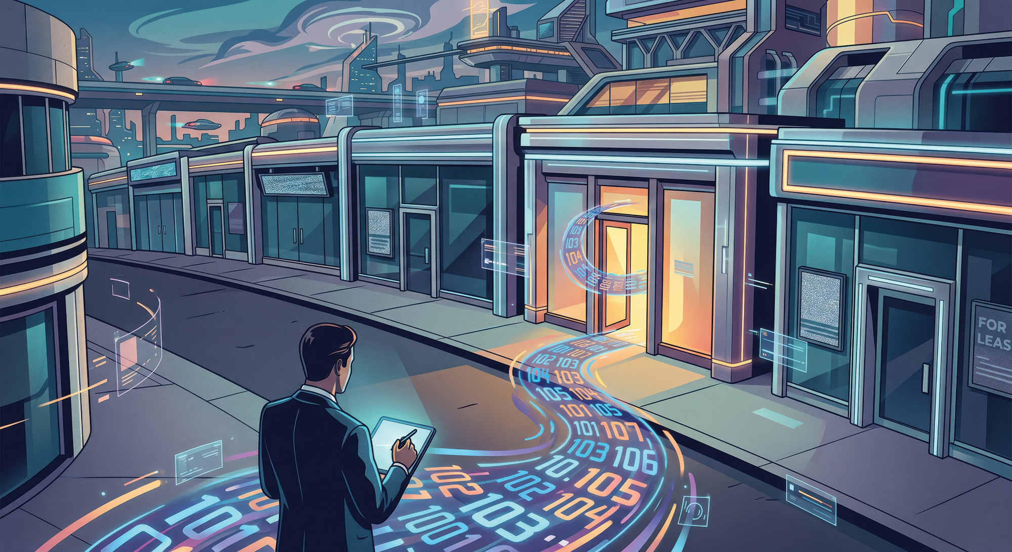 An illustration of a futuristic city with a trail of numbers leading a businessman to a storefront.