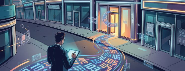 An illustration of a futuristic city with a trail of numbers leading a businessman to a storefront.