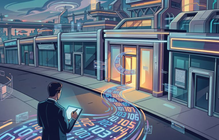 An illustration of a futuristic city with a trail of numbers leading a businessman to a storefront.