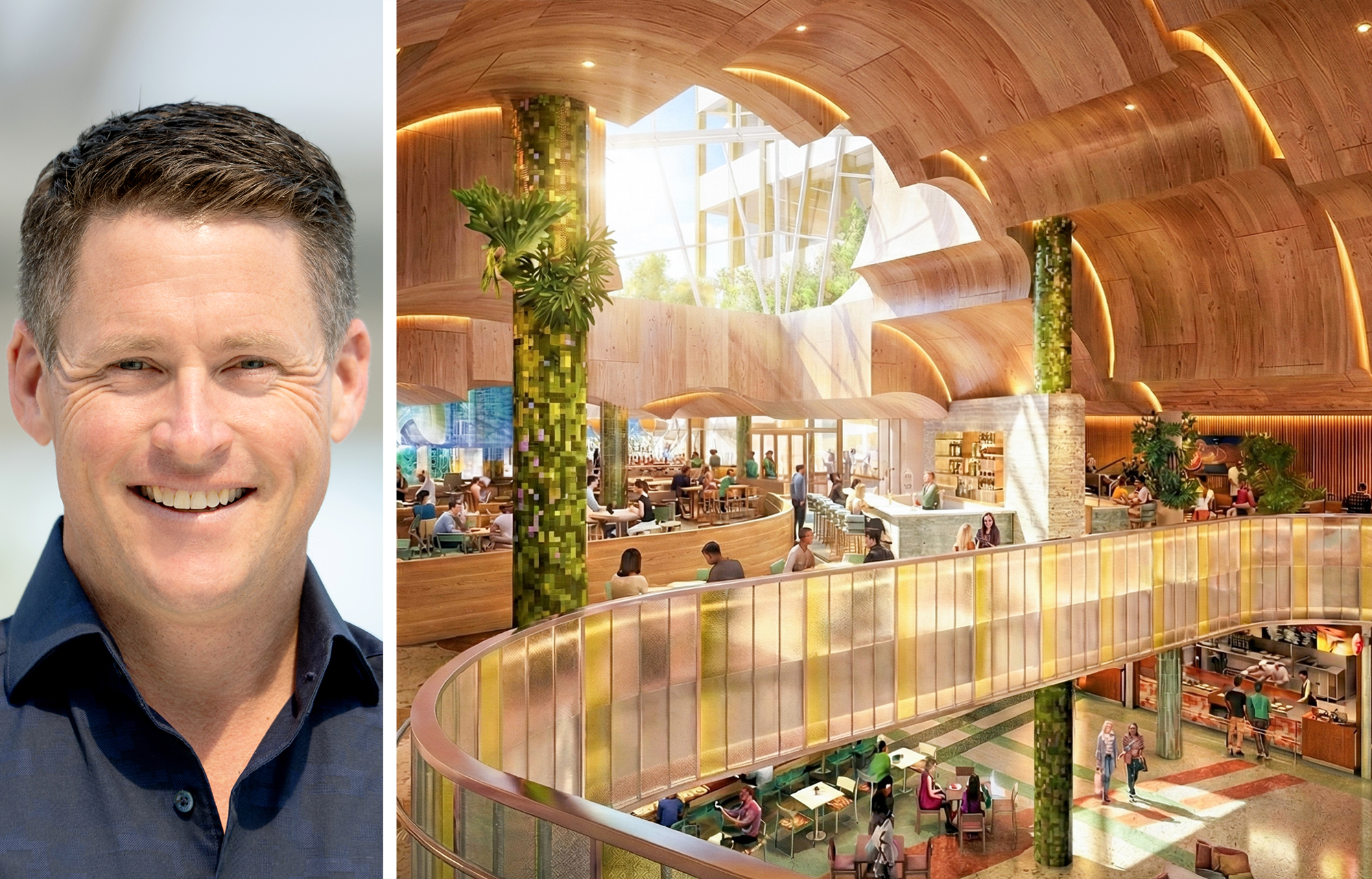 OCVibe Senior Vice President Scott Frick and a rendering of Katella Commons at OCVibe in Anaheim, Calif.