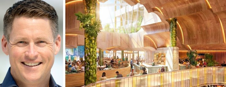 OCVibe Senior Vice President Scott Frick and a rendering of Katella Commons at OCVibe in Anaheim, Calif.