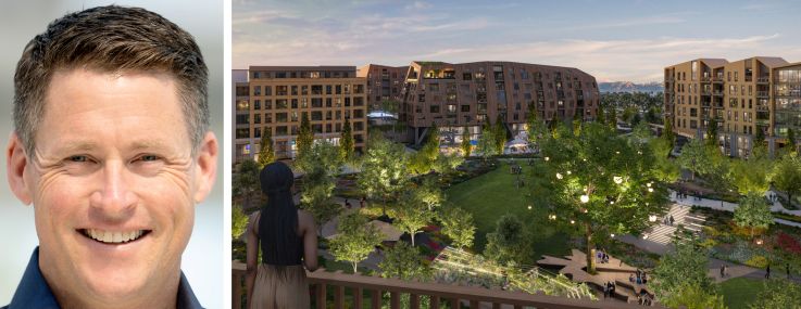 Scott Frick, OCVibe’s senior vice president of real estate and district operations, a rendering of the residential portion of OCVibe in Anaheim, Calif.