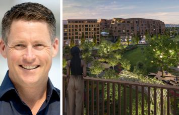 Scott Frick, OCVibe’s senior vice president of real estate and district operations, a rendering of the residential portion of OCVibe in Anaheim, Calif.