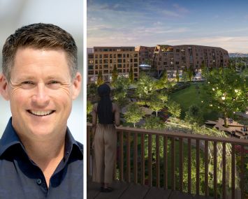 Scott Frick, OCVibe’s senior vice president of real estate and district operations, a rendering of the residential portion of OCVibe in Anaheim, Calif.