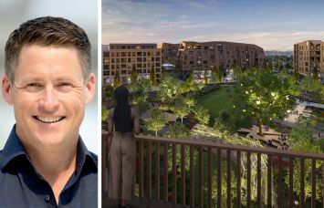 Scott Frick, OCVibe’s senior vice president of real estate and district operations, a rendering of the residential portion of OCVibe in Anaheim, Calif.