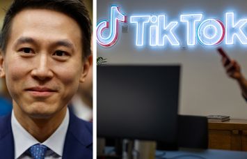 TikTok CEO Shou Zi Chew and an employee walking past the Tik Tok logo in one of the company's offices.