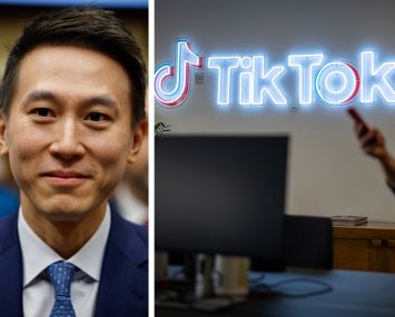 TikTok CEO Shou Zi Chew and an employee walking past the Tik Tok logo in one of the company's offices.