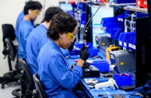 Skydio employees work on drone production at the company's manufacturing facility in Hayward, Calif.